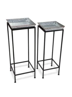 Square Nesting Plant Stands With Galvanized Trays, Set Of 2